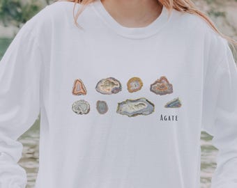 Agate Long Sleeved Tshirt, Agates Geology Shirt, Rockhound Rock Collector Gifts Crystal Gems and Minerals Tee Granola Girl Shirt NatureCore