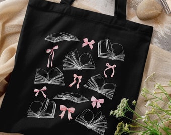 Books and Bows Tote Bag Coquette Bow Bag for Readers, Bookish Tote Bag Balletcore Totebag Ballet Bag Soft Girl Aesthetic Reader Gift