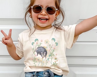 Opossum Shirt Kids, Boho Wild Flowers Cottagecore Possum Shirt Toddler Girls Opossum Gifts Forestcore Cottage Core Granola Girl Nature Shirt