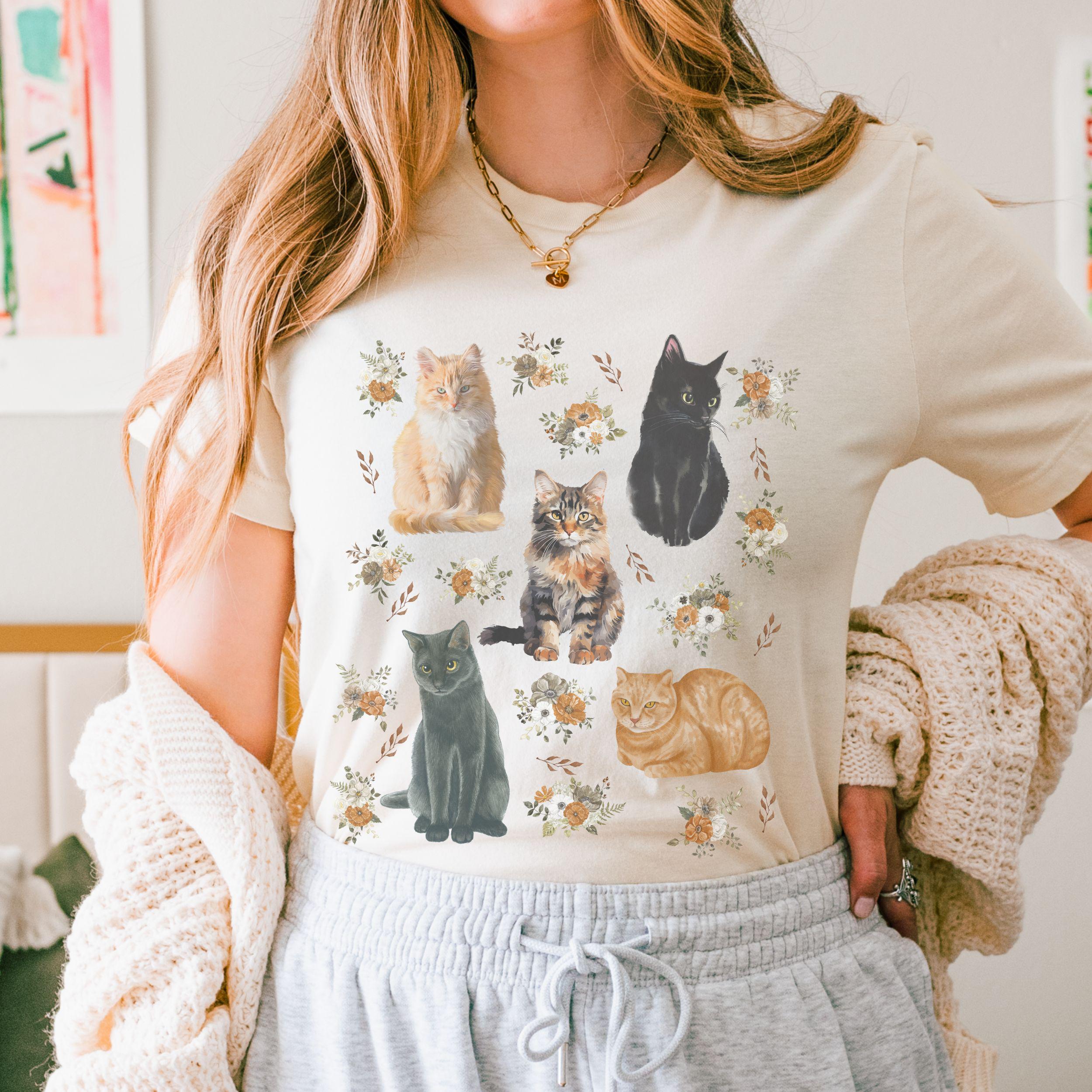 Cats and Flowers Floral Cat Shirt, Cottage Core Clothes Catlover Gifts ...