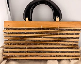 Vintage Bamboo Twig Handbag Lucite Handle Boho Coastal Woven Clutch Purse