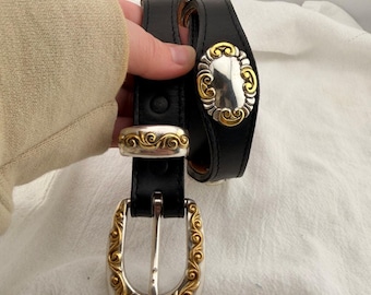 Nocona Western Leather Concho Belt Black Silver Gold Cowboy Belt 34” VTG