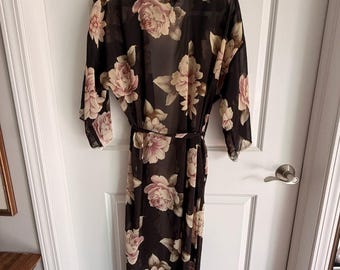 VTG California Dynasty 4-Piece Lingerie Set Medium Sheer Floral Robe Gown Panty