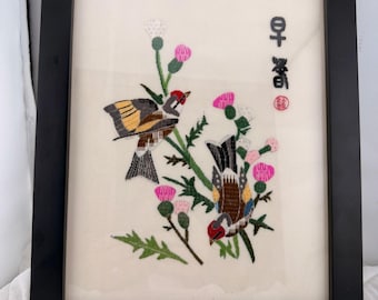 Vintage Chinese Silk Embroidery Framed Art Birds & Thistle Signed Hand Stitched