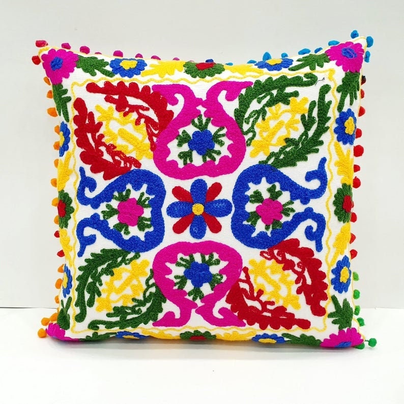 Colorful Embroidered Cushion Cover Farmhouse Embroidered Etsy