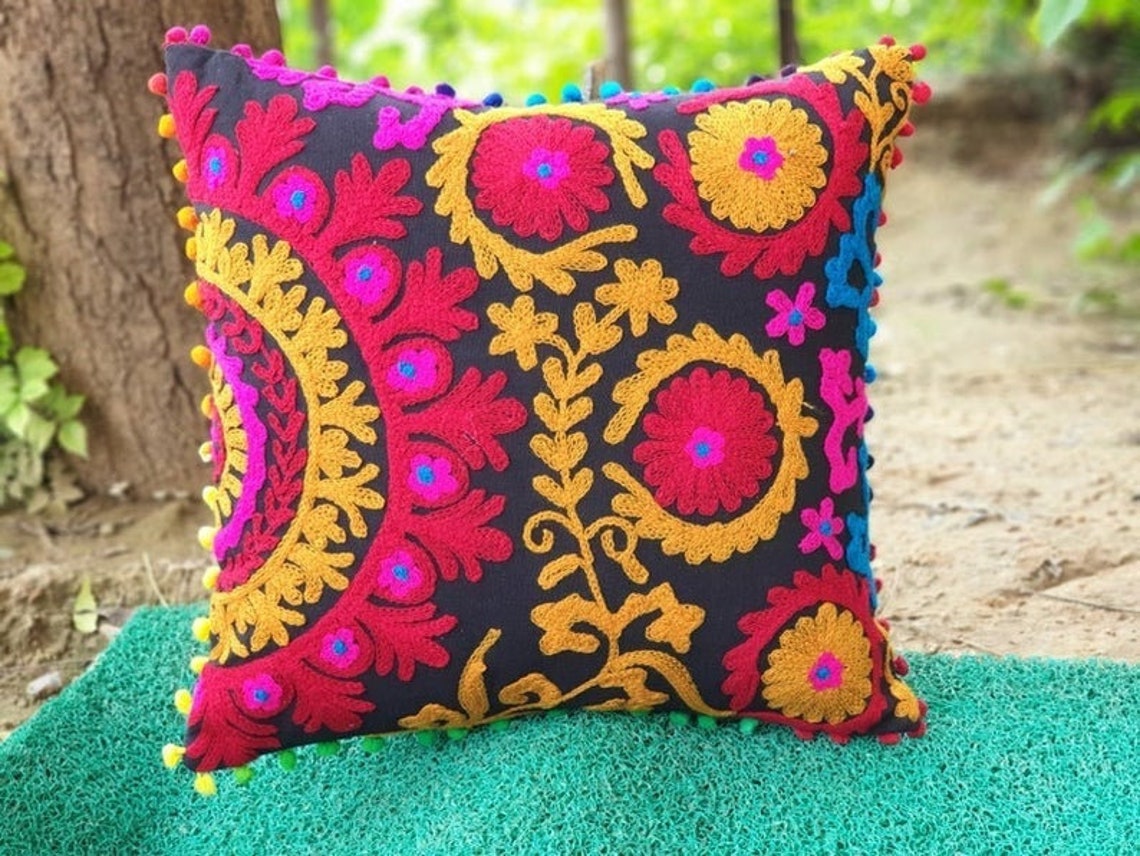 Boho Cushion Covers Handmade Colourful Wool Embroidered Etsy