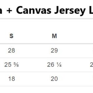 May include: Size chart for Bella + Canvas Jersey Long Sleeve shirts, showing measurements in inches for full body length, sleeve length, and body width for sizes XS to 2XL.