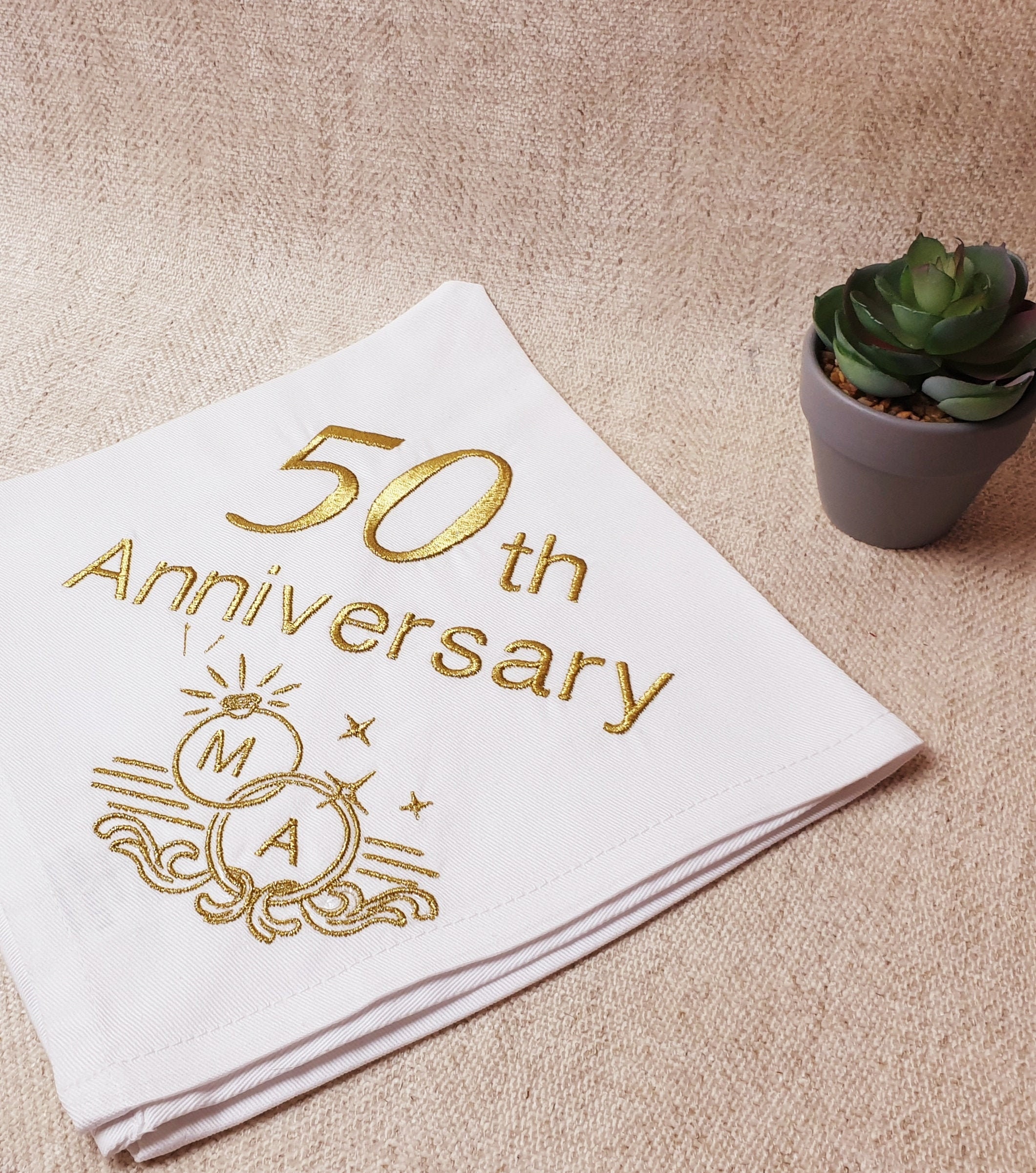 50th Wedding Anniversary Embroidered Napkin Golden Etsy