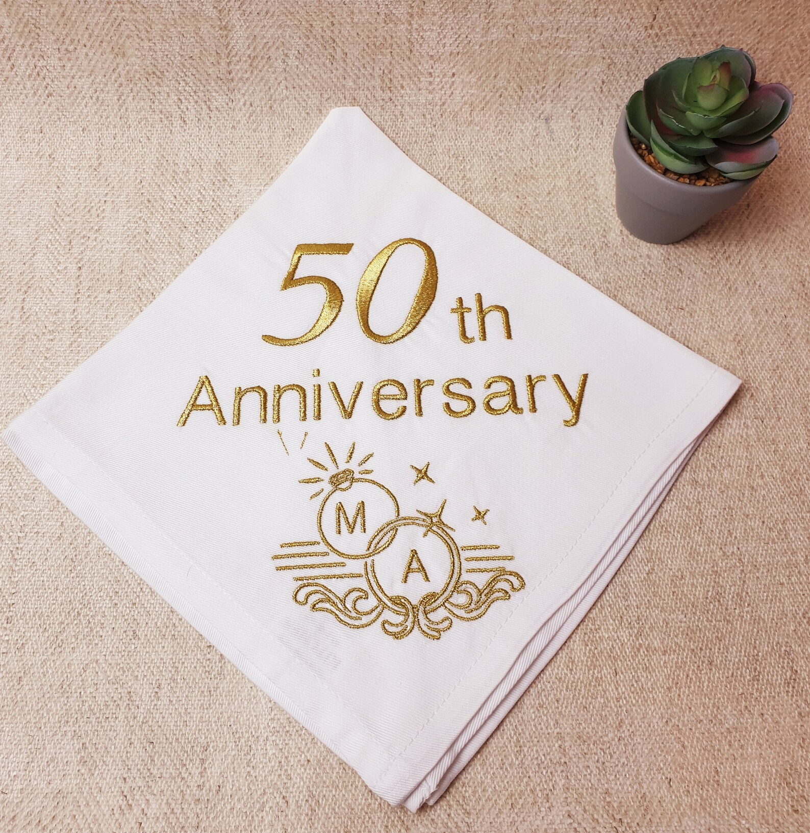 50th Wedding Anniversary Embroidered Napkin Golden Etsy
