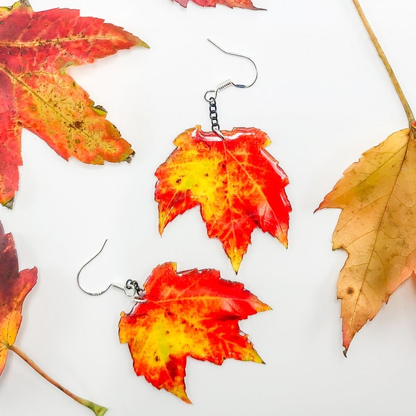 Fall Maple Leaf Earrings, red yellow leaf dangle earrings, sterling silver, handmade  autumn leaf earrings, real maple leaf resin earrings