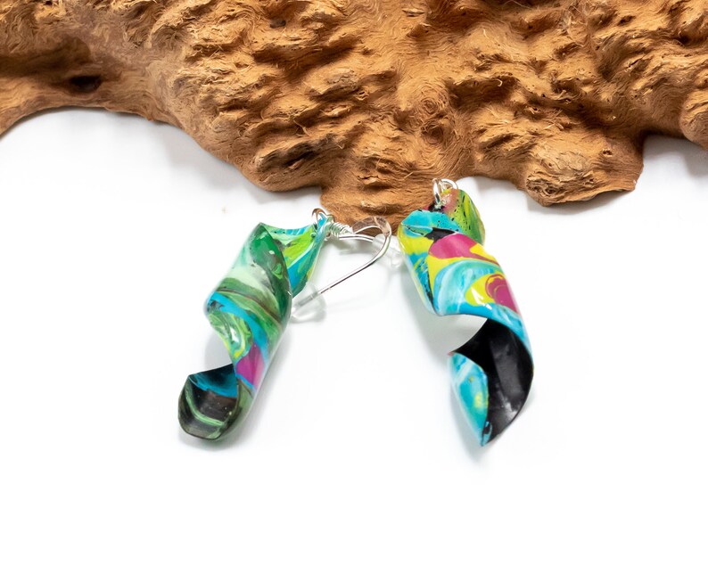 Acrylic Pour Painting Spiral Dangle Earrings artist gift earrings unique hand made Artist earrings sterling silver Multi color paint