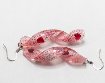 Valentine Hearts Spiral Dangle earrings, Pink White Red Hearts, Valentine gift, Pink Valentines Earrings, Heart earrings, Love, Friendship
