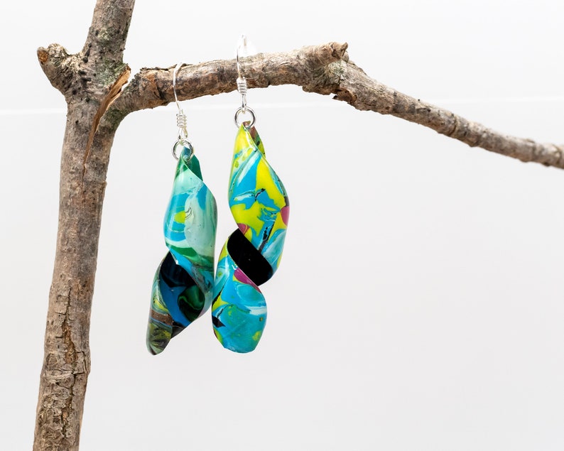Acrylic Pour Painting Spiral Dangle Earrings artist gift earrings unique hand made Artist earrings sterling silver Multi color paint