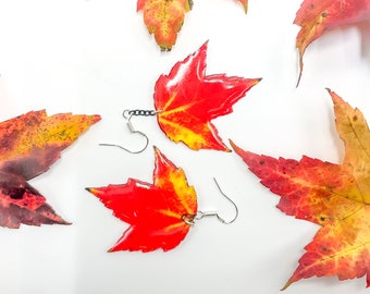 Fall Maple Leaf Earrings, red yellow leaf dangle earrings, sterling silver, handmade  autumn leaf earrings, real maple leaf resin earring