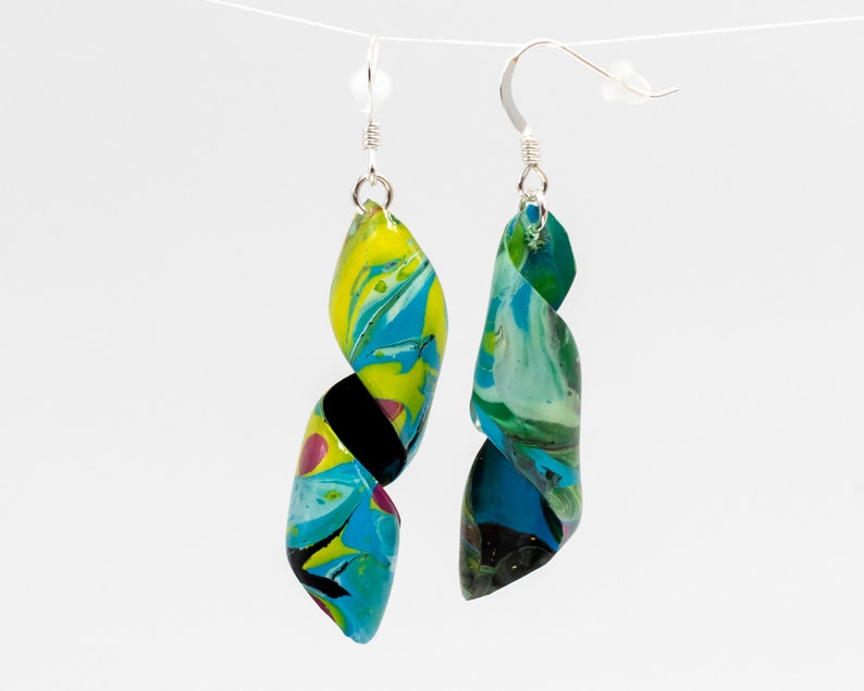 Acrylic Pour Painting Spiral Dangle Earrings artist gift earrings unique hand made Artist earrings sterling silver Multi color paint