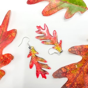 Fall Oak Leaf Earrings, red and green leaf dangle earrings, sterling silver, handmade autumn Oak leaf earrings, real Oak leaf resin earrings