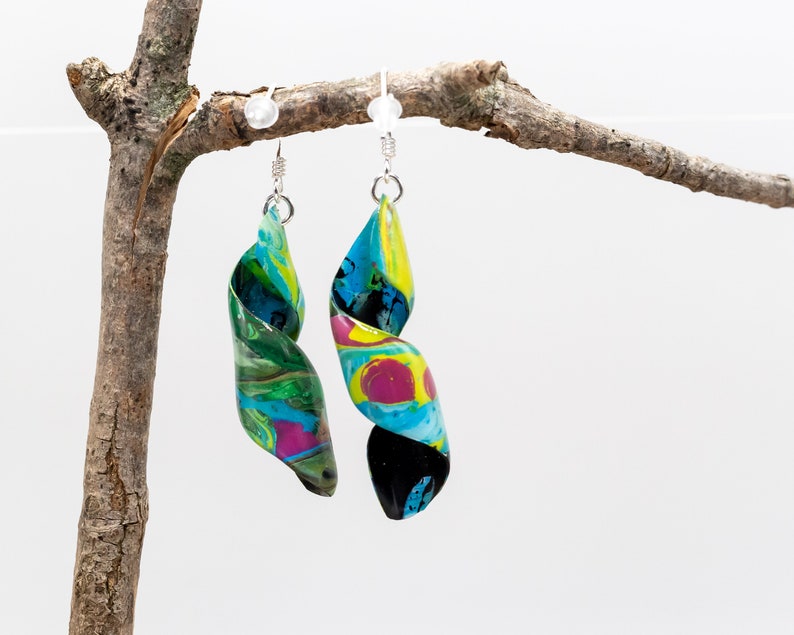 Acrylic Pour Painting Spiral Dangle Earrings artist gift earrings unique hand made Artist earrings sterling silver Multi color paint