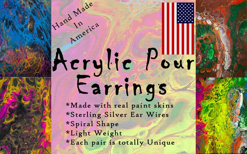 Acrylic Pour Painting Spiral Dangle Earrings artist gift earrings unique hand made Artist earrings sterling silver Multi color paint