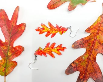 Fall Oak Leaf Earrings, red and green leaf dangle earrings, sterling silver,  handmade autumn Oak leaf earrings, real Oak leaf resin earring