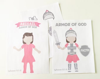 Fille armure de Dieu imprimable activité leçon biblique Ephésiens, épée de l&#39;esprit chrétien enfants activité école du dimanche école à domicile imprimable