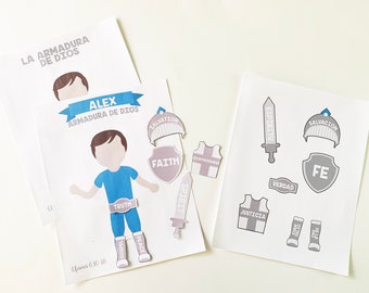 Nino Spanish Armadura de Dios, Armor of God actividades cristianas para ninos, homeschool, Efesios 6, modifiable avec Adobe Reader