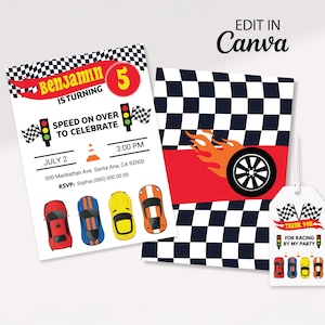 Editable Race Cars Invitation with thank you tag, hot racing Birthday Party, Digital Download Edit in Canva, Kids Birthday Party, free tags.