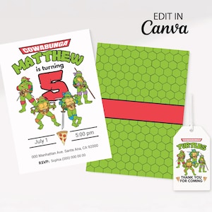 Bewerkbare Turtle-uitnodiging met bedanktag, Ninja Turtle-verjaardagsfeestje, digitale download, bewerken in canva, kinderfeestje, gratis tags.
