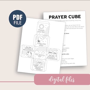 May include: Black and white printable prayer cube template with six different prayer requests: "Thank you for", "Help me with", "For the world & the church", "I'm sorry for", "For my family & friends", and "Praise the Lord Jesus Christ".