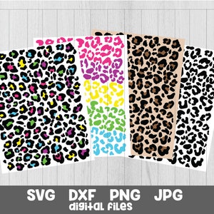 May include: Five digital files of leopard print patterns in different colors. The patterns are black and white, black and pink, black and yellow, black and green, and black and blue.