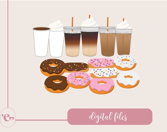 Eiskaffee und heißer Kaffee, Donuts und Munchkins Clipart, Schneidedateien, png jpg, dxf, Bilder mit hoher Auflösung, Kaffee svg
