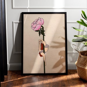 Väggkonst med blommotiv på poledance, affisch med poledance, present till poledance, pionkonst, utskrivbar väggkonst, födelseblomma, väggkonst med dansmotiv