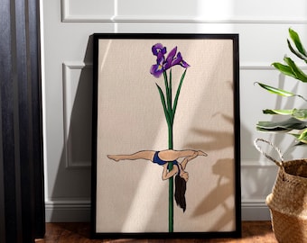 Pole Dance Iris Flower Art Print, Minimalist Aerialist Wall Decor (Digital Download)