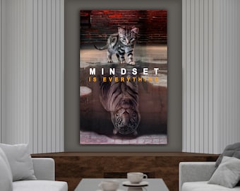 Kitten and Tiger Mirror Message Canvas | Cat & Tiger Motivational Canvas Wall Art | Kitten Reflection Tiger Wall Artwork for Home and Office