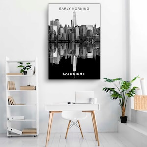 Morning & Night Canvas Artwork | Cityscape Wall Art For Indoor Decor | Large Canvass For Living Room | Skyscrapers View At Morning and Night