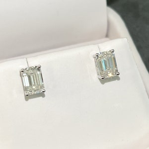 14K Gold Certified Emerald Cut Moissanite Stud Earrings