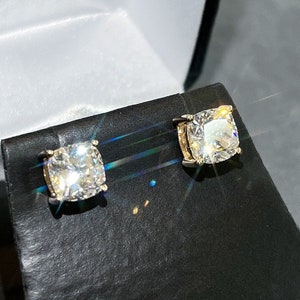 14K Gold VVS1 Certified Moissanite Cushion Cut Solitaire Stud Earrings