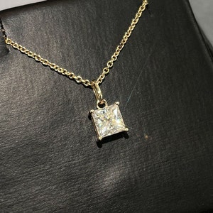 Certified VVS1 Princess Cut Moissanite Pendant 14K Yellow White Gold Necklace