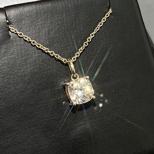 Certified VVS1 Cushion Cut Moissanite Pendant 14K Yellow White Gold Necklace