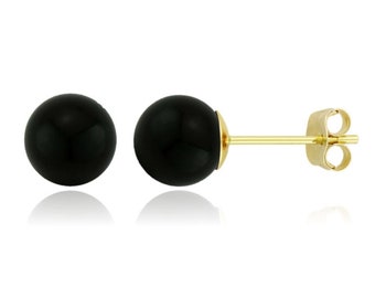 14K Solid Gold Genuine Black Onyx Ball Studs- Pushbacks- Black Onyx Sphere Ball Studs 14k Gold Ball Studs