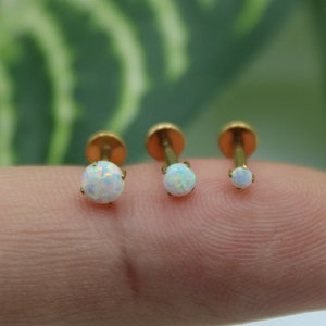 IMPLANT GRADE TITANIUM Gold Internally Threaded 2mm 3mm 4mm White Opal Stone Screw On Flat Back Labret Tragus Cartilage Piercing Ear Stud