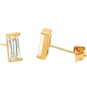 14K Yellow Gold / White Gold Line CZ Earrings Bar CZ Earrings Triple A CZ - Line Pushback Stud Earrings