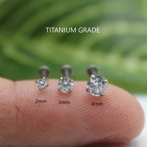 IMPLANT GRADE TITANIUM Threadless Push In 2mm 3mm 4mm White Cz Prong Flat Back 6mm 8mm 10mm Labret Tragus Nose Cartilage Piercing Ear Stud