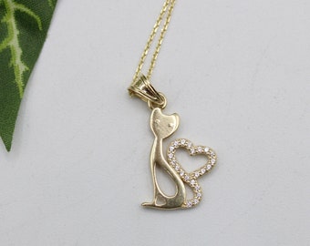 10k Cat with Heart Solid Yellow Gold Heart Pendant Charm for a Chain or Necklace .1'' Long. Not Gold Plated. Real 10K Gold