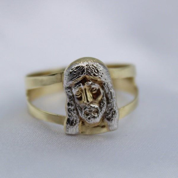 Men's Jesus Head Nugget Ring CZ Real Solid 10K Yellow/White Gold