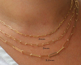 14k Fully Solid Paperclip Chain Necklace, Trending Gold Necklace, Ladies Gold Necklace, Paperclip Bracelet 2mm, 3mm, 3.5mm Ladies bracelet