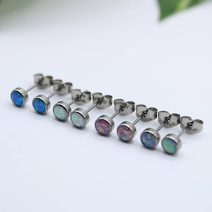 Pair of Titanium Opal Stud Earrings, White, Blue, Purple and Pink Colors - 3mm, 4mm, 5mm, 6mm Pair of Stud Earrings