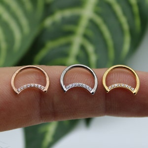 Implant Grade Titanium Moon Daith Ear Piercing Hinged Clicker Hoop Segment Ring with White CZ Gems