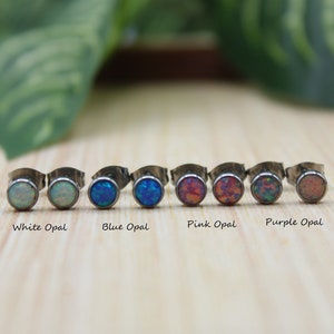 Pair of 20ga 316L Surgical Steel Opal Stud Earrings, White, Blue, Purple and Pink Colors - 3mm, 4mm, 5mm, 6mm Pair of Stud Earrings