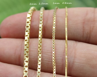 Collar de cadena de caja de oro amarillo sólido de 14 quilates, 14 "a 26" pulgadas, 0,45 mm a 2 mm de espesor, cadena de oro real, cadena de eslabones de caja, cadena de caja de oro, mujeres hombres