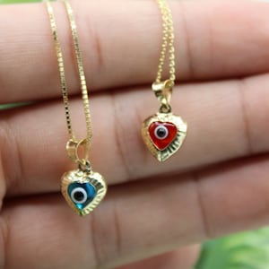 14k Yellow Gold Heart Evil Eye With Chain Evil Eye Charm Necklace Pendant Gold Nazar Hamsa Good Luck Pedant Necklace for Women / Dainty